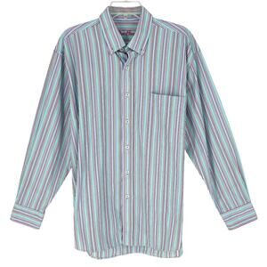 Alan Flusser Dress Shirt Mens Large Green Pink Stripe Button Down Cotton Casual
